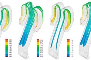 8 Petcoke particle and hot meal particle trajectories – colours indicate residence times in seconds