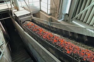 Hot clinker on a pan conveyor behind the cooler