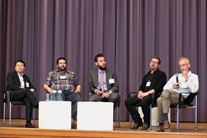 3 In the panel discussion of senior researchers from industry and academia Hong Wong, Mohsen Ben Haha, Emmanuel Gallucci and Peter McDonald (from left to right) exchanged ideas and views with Lukas Neumann (centre)