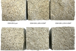 4 CEM II/B-S (top row) and CEM III/A (bottom row) prisms with 0% BA (left), 5% BA (centre), 15% BA (right). Brightness: + 20%